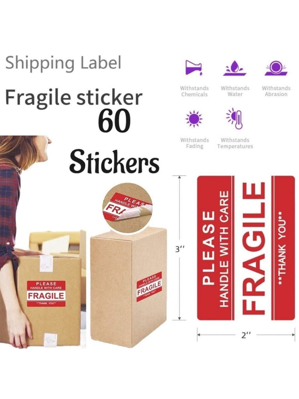 60 Fragile Stickers 3” X 2” Large Red Please Handle With Care Fragile Thank You